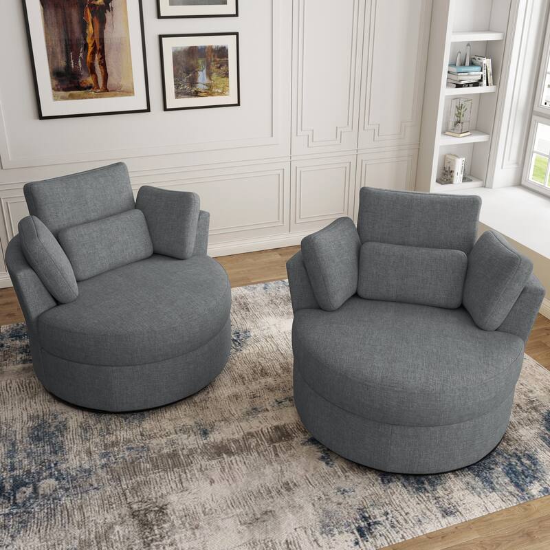 Upholstered Swivel Barrel Armchair with Storage Ottoman (Set of 2)