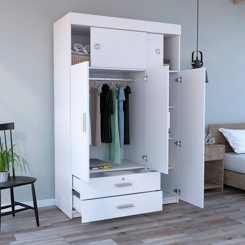 47.2" Modern Three-door Armoire with Two Drawers and Two Superior Adjustable Shelves