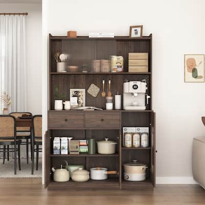 71" Tall Kitchen Pantry Storage Cabinet, Large Display Case Buffet Sideboard Bar Cabinet Server Table with Glass Doors & Outlets