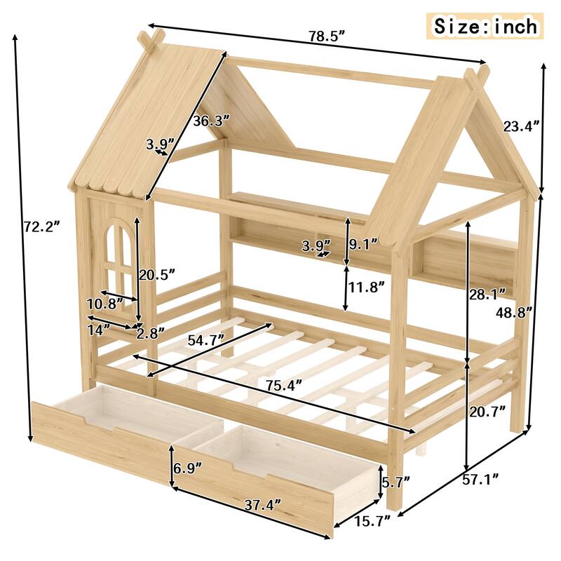 Twin/Full Size Wooden House Bed with Drawers and Shelves, Kids Platform Bed Frame with Window Roof Design