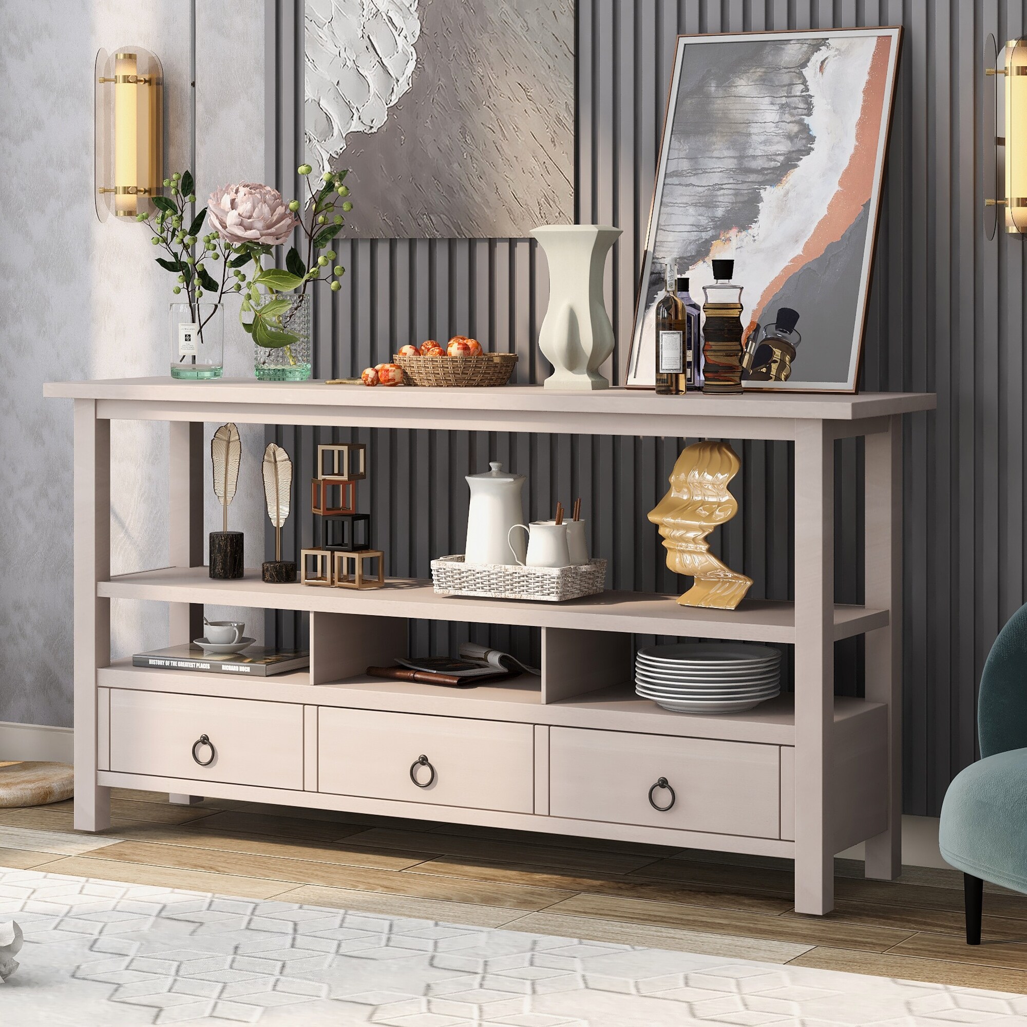 Rustic Solid Console Table Double-Storey Tabletop With Three Drawers For Living Room,coffee, Console, Sofa & End Tables