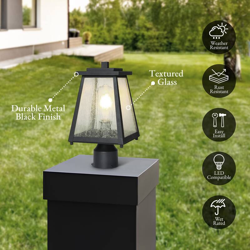 Modern Black 1-Light Outdoor Post Light Lantern for Garden Pathway - W 7" x H 13.7"