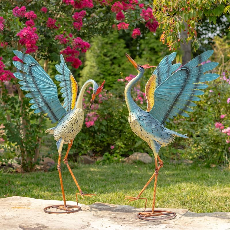Set of 2 Small Iron Dancing Cranes - Multi - Iron - Medium
