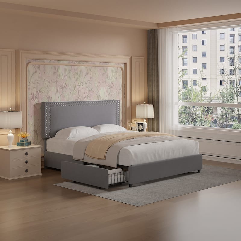 VECELO Upholstered Storage Bed Frames with 4 Storage Drawers Platform Bed Frame with Adjustable Velvet Rivets Headboard