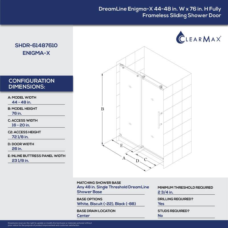 DreamLine Enigma-X 44-48 in. W x 76 in. H Fully Frameless Sliding Shower Door - 44" - 48" W