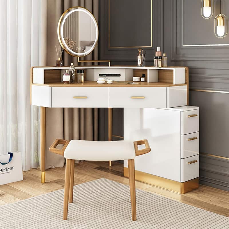 Modern Corner Makeup Vanity Table with LED Lighted Mirror, Vanity Desk with 5 Drawers, Piano Finish, Solid Wood Legs, Stool