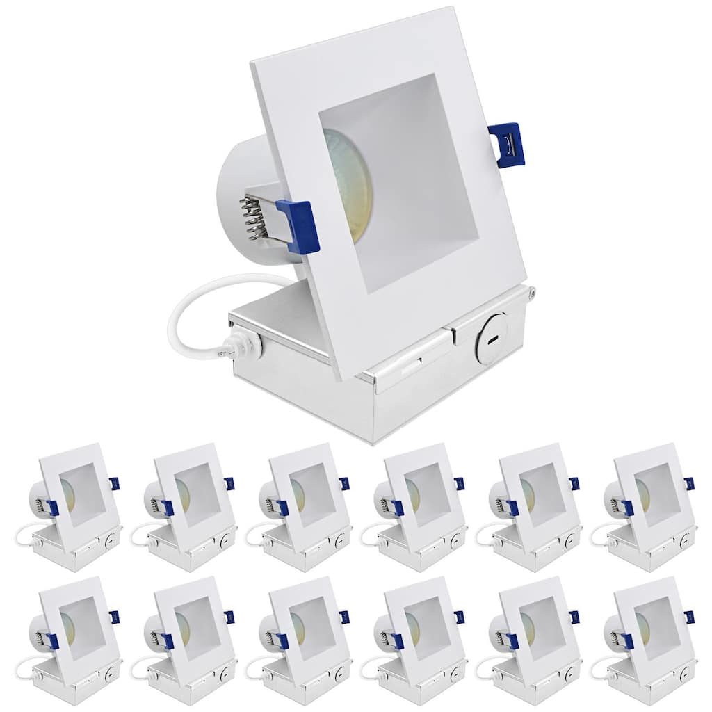 Luxrite 4 in. Square LED Recessed Ceiling Light J-Box 12W 5CCT 1060 Lumens Wet Rated IC Rated 12 Pack
