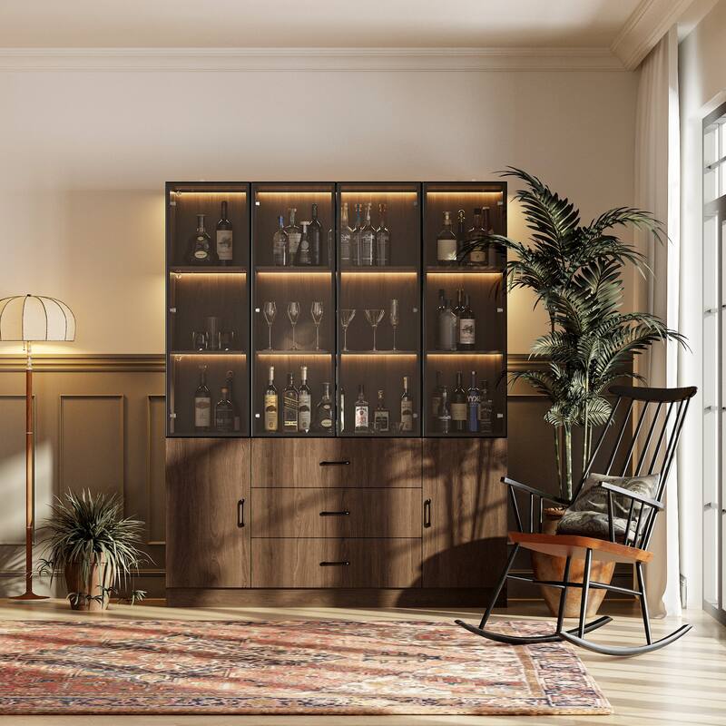 Bookshelves Bookcase Modular Glass Display Cabinet with LED Lights, Dark Wood Storage Combination Cabinet System