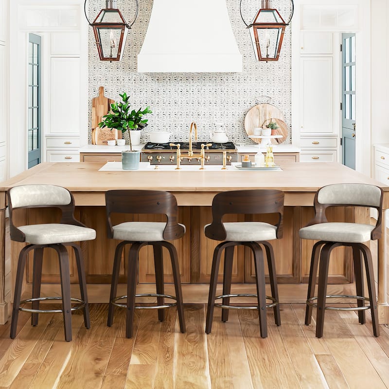 26.in Modern Set of 4 Leather Bar Stool Swivel Upholstered Hollow Back Counter Height Barstool with Wood Frame - Griege