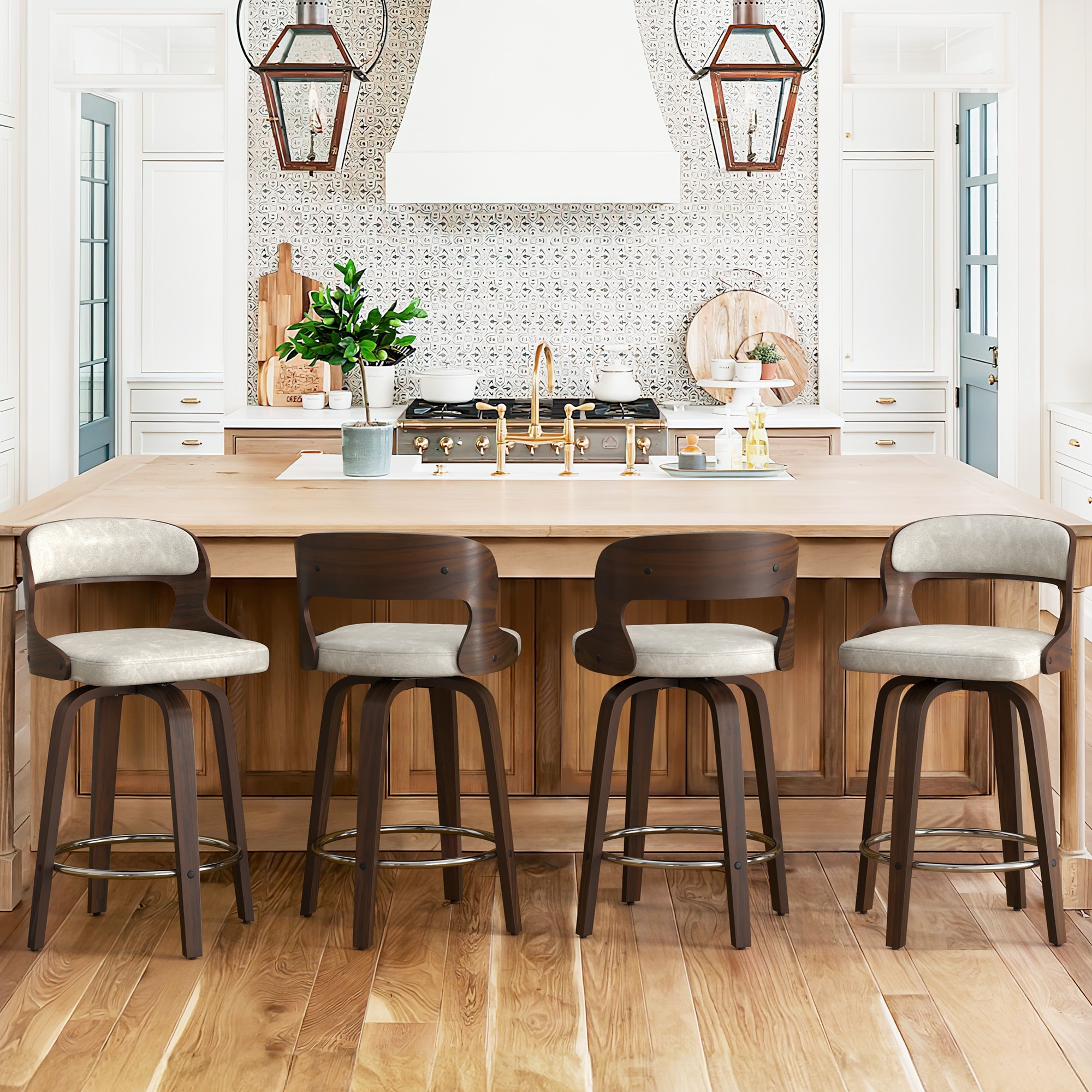 PU Leather 26in. Swivel Barstool Counter Height Low Back Solid Wood Stool for Kitchen Islands with Curved Backrest