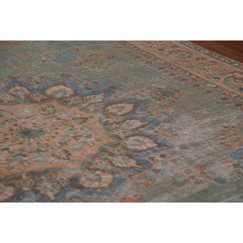 Green Tabriz Persian Vintage Area Rug Hand-Knotted Wool Carpet - 9'6"x 12'7"