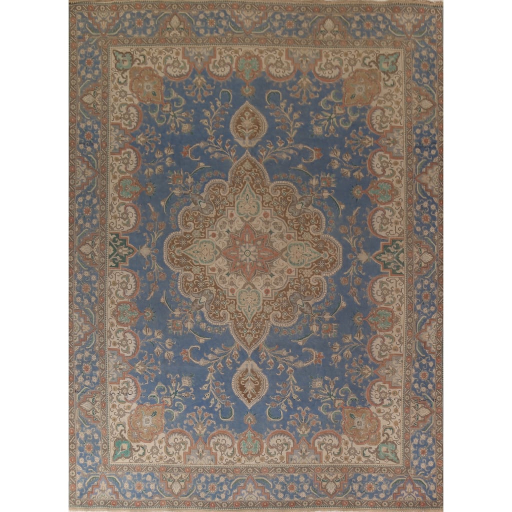 Blue Tabriz Persian Vintage Rug Hand-Knotted Traditional Wool Carpet - 10'0"x 13'2"