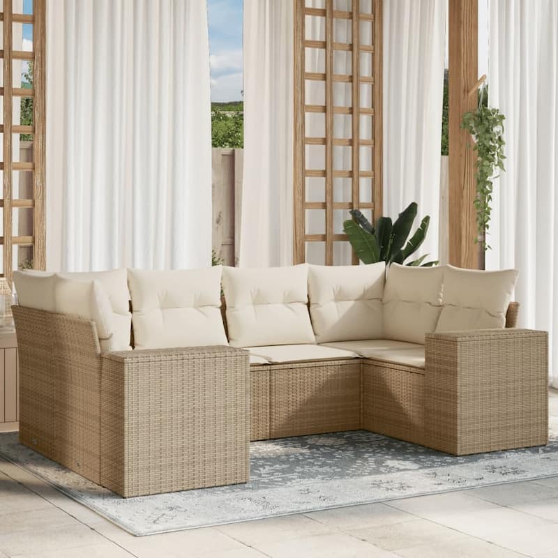 vidaXL Patio Sofa Set with Cushions Outdoor Furniture 6 Piece Poly Rattan - 24.4 x 32.7 x 27.2 in - Beige and cream