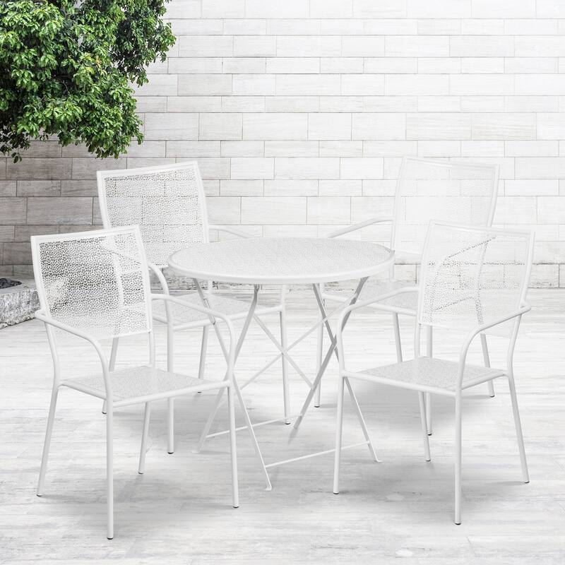 30'' Round Indoor-Outdoor Folding Patio Table Set with 4 Square Back Chairs - White