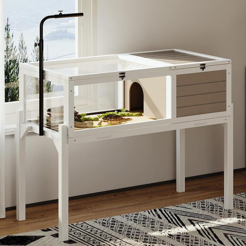 BOSSIN Tortoise Habitat with Detachable Legs, Wooden Tortoise House Reptile Cage for Small Animals with Lamp Holder - White