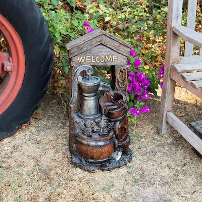 Alpine Corporation 24" Tall Vintage Water Pump with Welcome Sign and Barrels Fountain Yard Art Décor, Multicolor