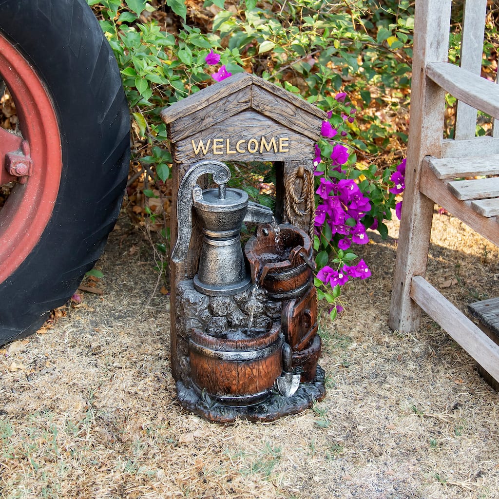 Alpine Corporation 24" Tall Vintage Water Pump with Welcome Sign and Barrels Fountain Yard Art Décor, Multicolor