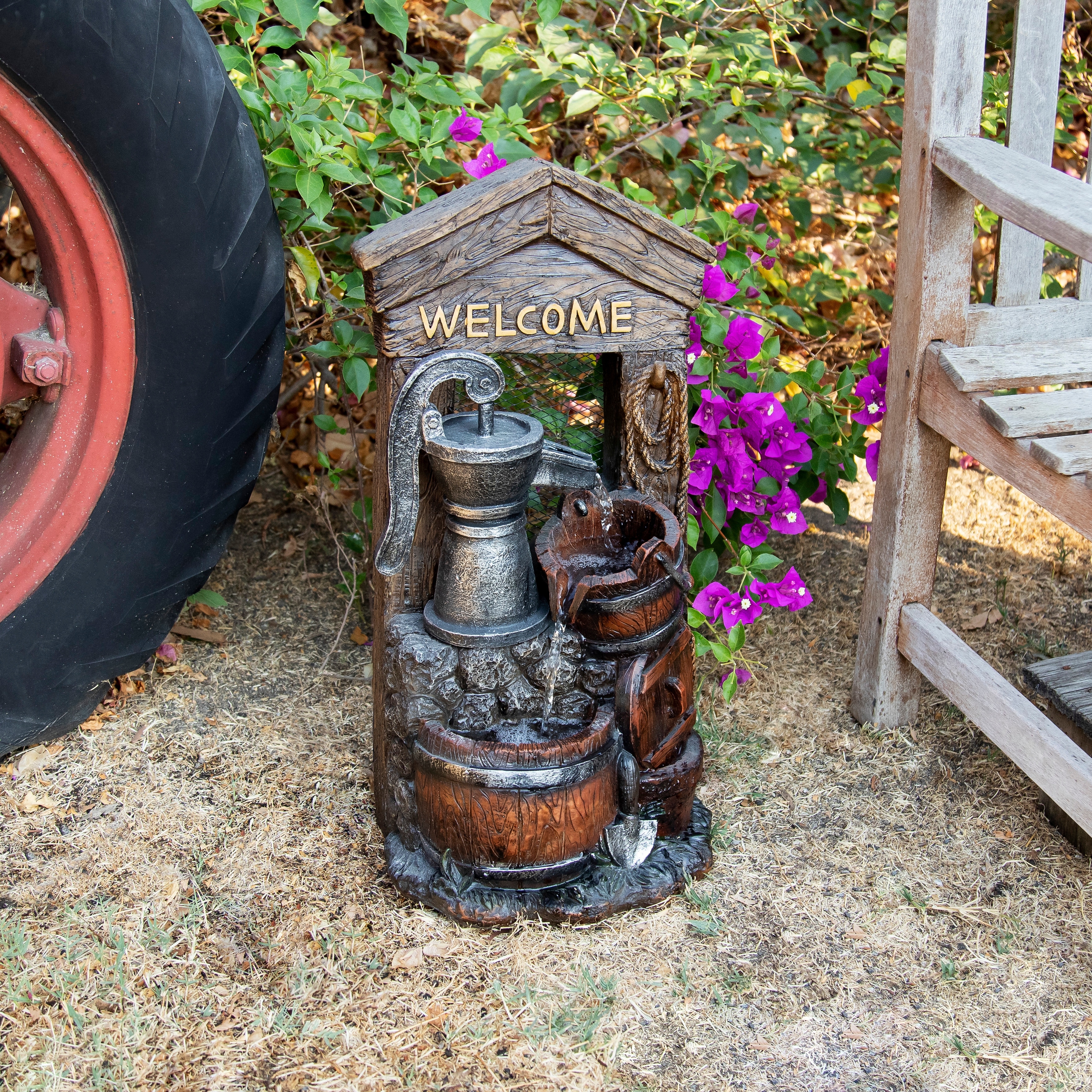 Alpine Corporation 24" Tall Vintage Water Pump with Welcome Sign and Barrels Fountain Yard Art Décor, Multicolor