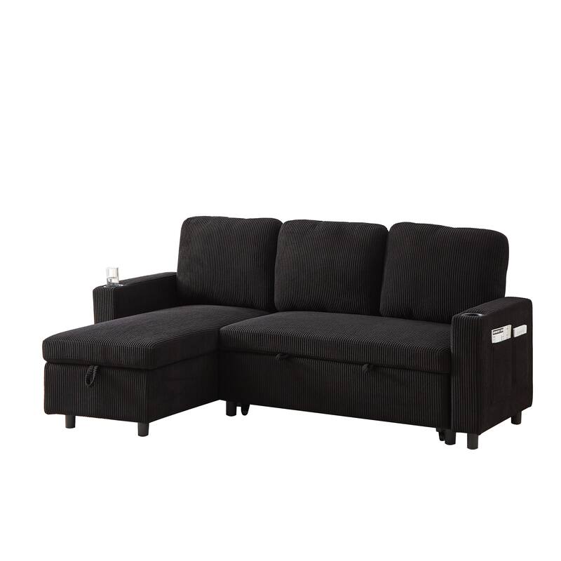 78.5" Corduroy L-Shaped Convertible Sofa Bed with Reversible Design, Pull-Out Sleeper & Storage Ottoman