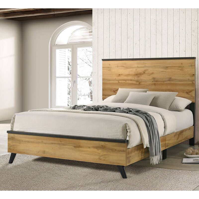 Rustic Wooden Queen Bed Frame with Weathered Brown Finish - Natural
