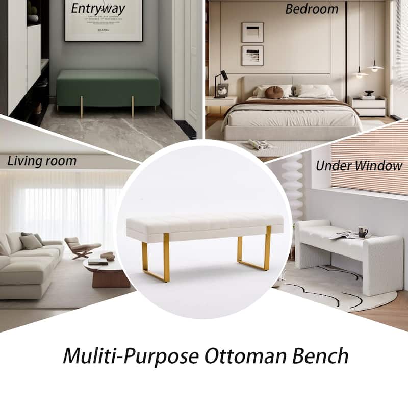 Upholstered Bedroom Bench Tufted Entryway Bench Modern End of Bed Bench Dining Bench with Gold/Black Metal Legs for Window