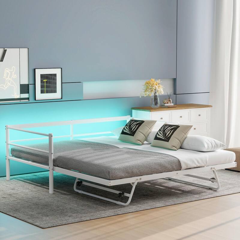 Twin Size Metal Daybed with LED Lights and Adjustable Pop-Up Trundle