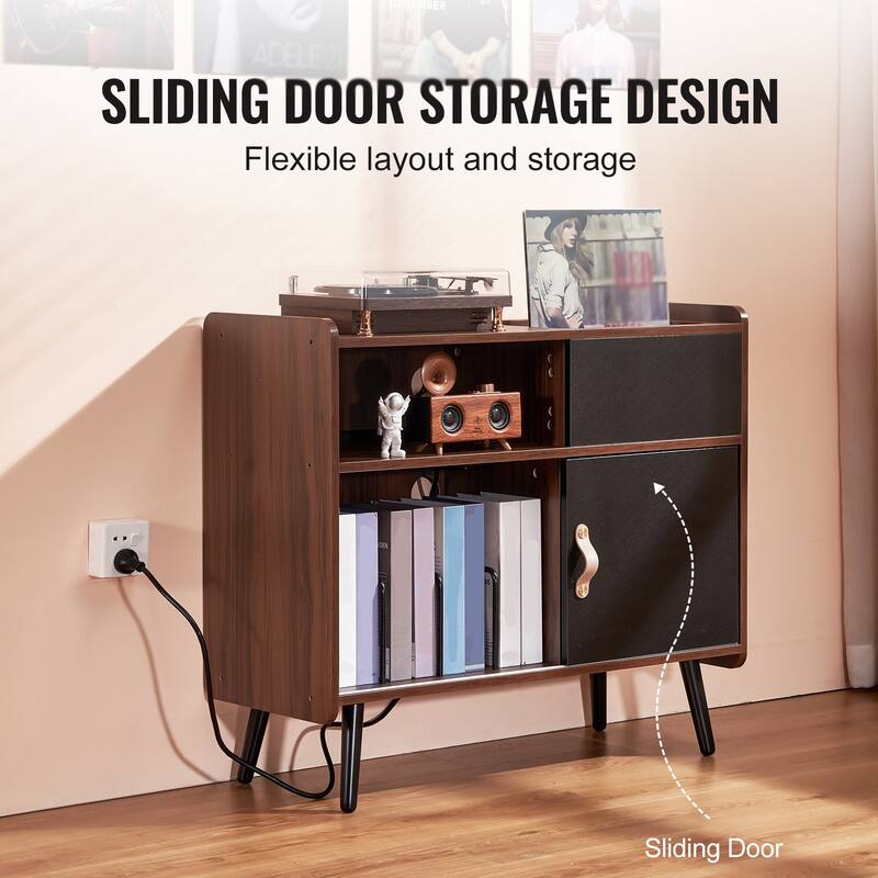 Turntable Stand with Storage, Holds 350 Records, Built-in Power Outlet - 34.25 x 14.37 x 30.51 inch