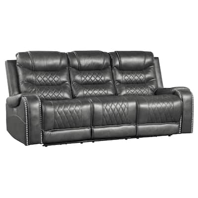 Paul Power Recliner Sofa, 87 Inch, Gray Faux Leather, Drop Down Table