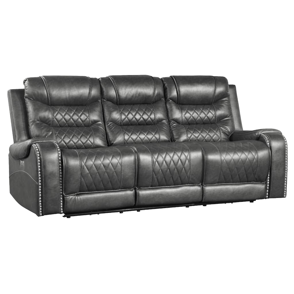 Paul Power Recliner Sofa, 87 Inch, Gray Faux Leather, Drop Down Table