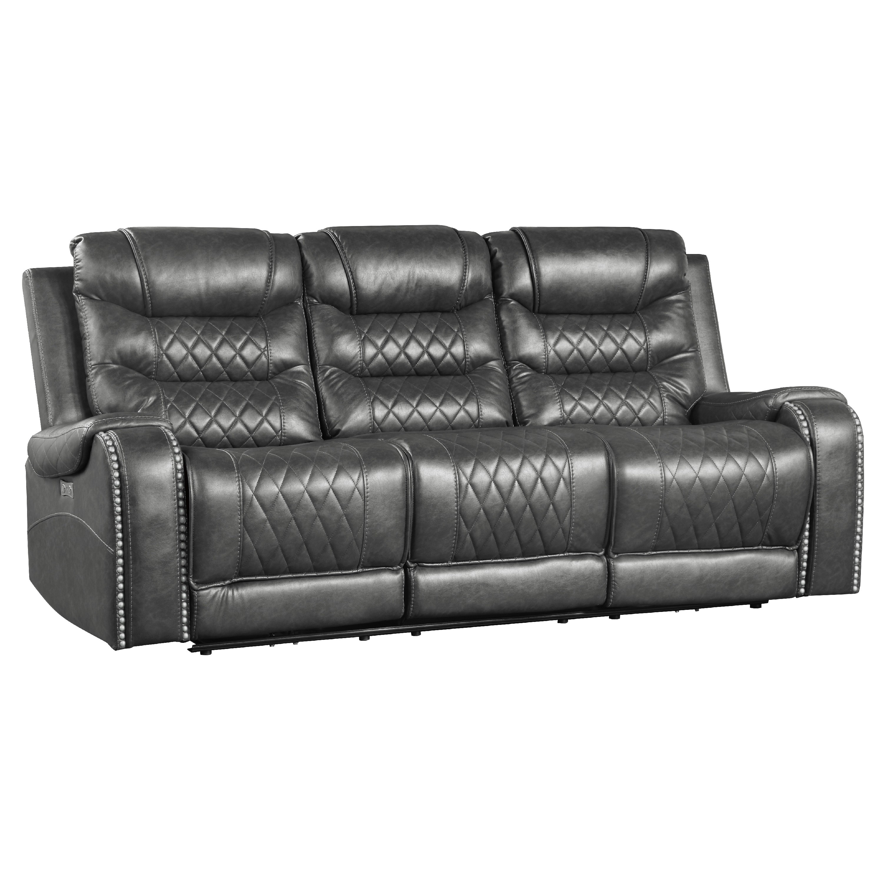 Paul Power Recliner Sofa, 87 Inch, Gray Faux Leather, Drop Down Table