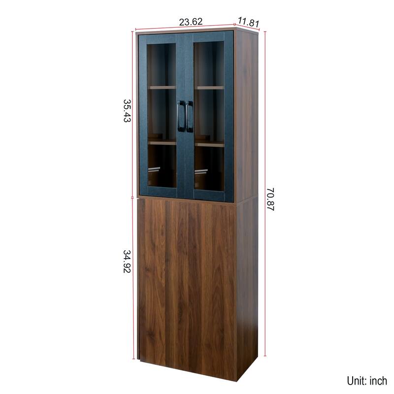 70.87" Tall Display Storage Cabinet with 4-Tier Pull-Out Shelf & Glass Doors, Modern Wooden Kitchen Pantry for Home