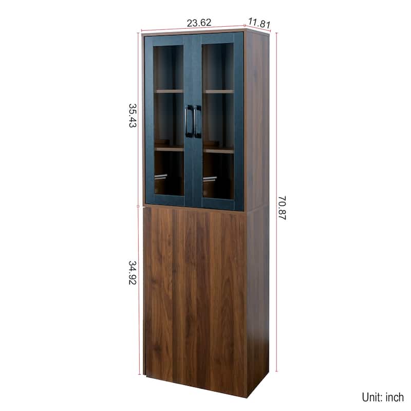 Glass Display Cabinet 3-Tier Bookcase for Collectibles, Wood Storage Cabinet with Door & 4-Tier Pull-Out Shelves for Living Room