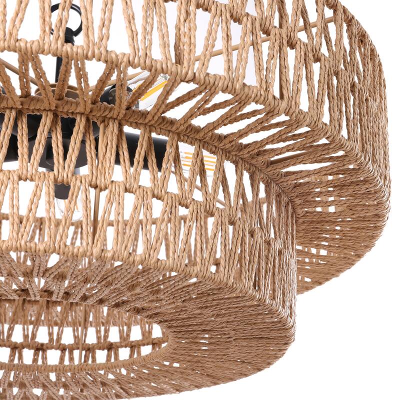 21.65" Rattan Drum Chandelier 2-Tier Boho Hand Woven Pendant Light - Large