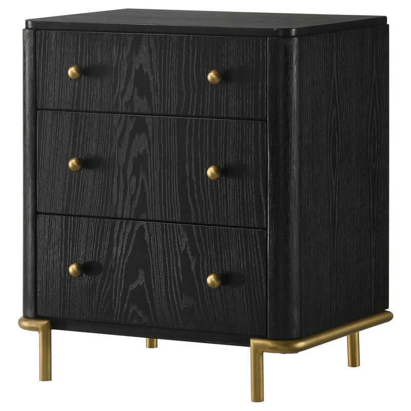 Fij Nightstand, 3 Drawers, USB Port, Golden Metal Legs, Knobs, Black Wood