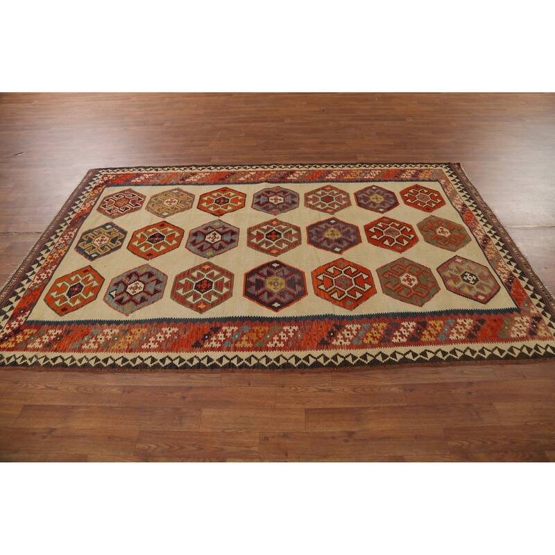 Kilim Qashqai Persian Vintage Rug Orientak Beige Wool Carpet - 5'1"x 8'3"