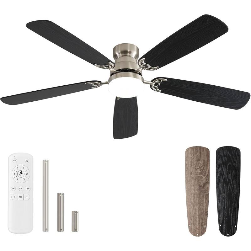 52 Inch Flush Mount & Downrod Ceiling Fan With Light and Remote Modern Ceiling Fan Bedroom - N/A - Silver