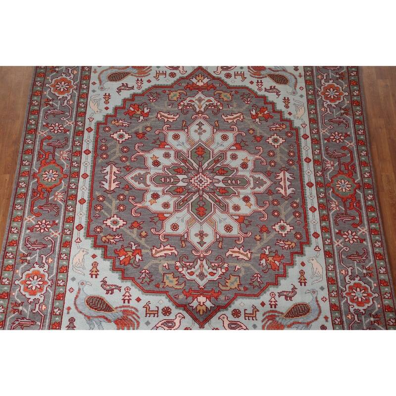 Animal Pictorial Heriz Serapi Oriental Area Rug Handmade Wool Carpet - 7'10" x 9'8"