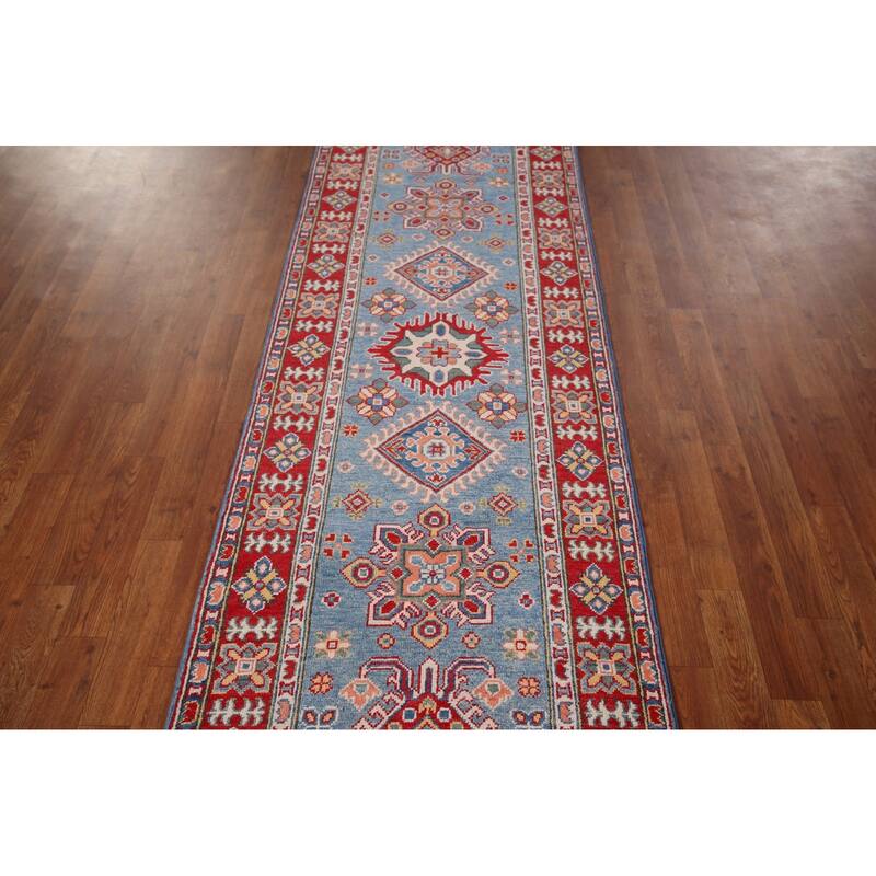 Blue Geometric Kazak Oriental Runner Rug Handmade Wool Carpet - 2'8" x 9'9"