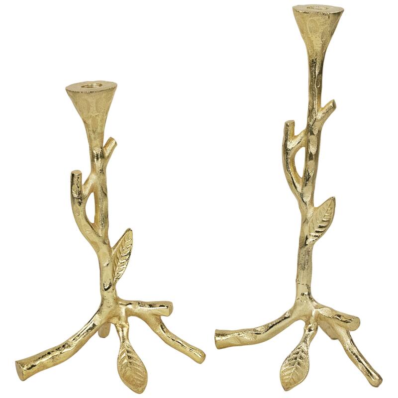 Leafy Branch Metal Taper Candle Holders - 15" - Gold - Set of 2