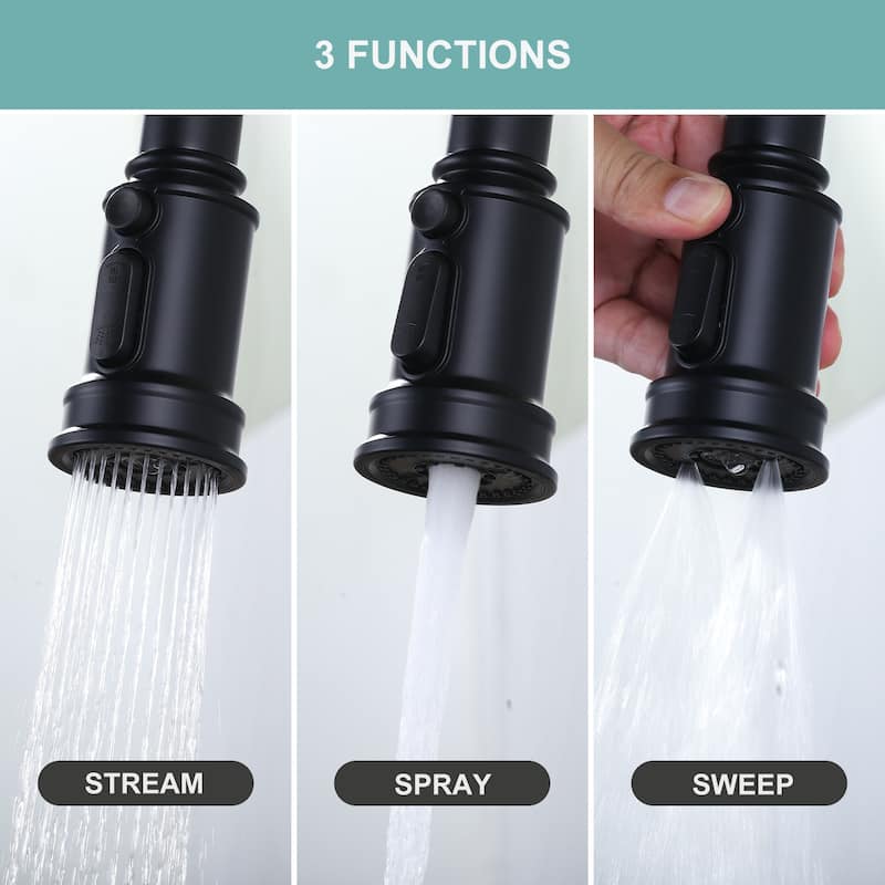 WOWOW Double Handle Bridge Kitchen Faucet with Advanced Spray
