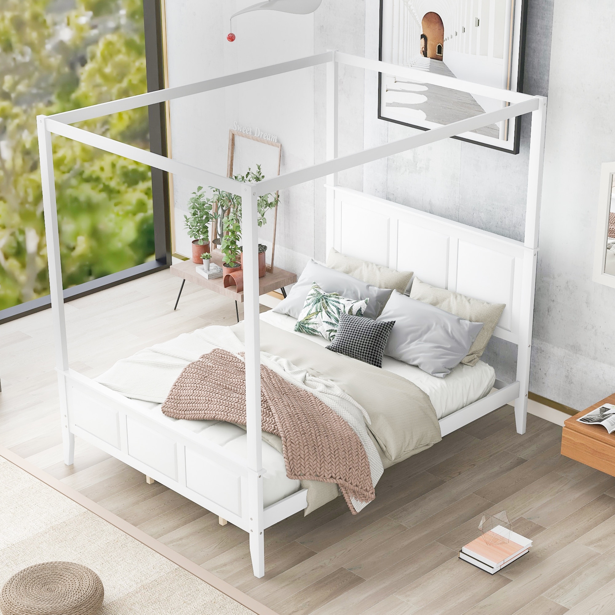 Canopy Platform Bed with Headboard Footboard Modern Wood Canopy