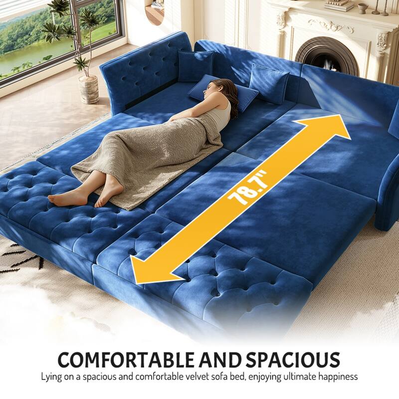 100" Velvet Convertible Sofa Bed with with Fabric Flower Tufted Design