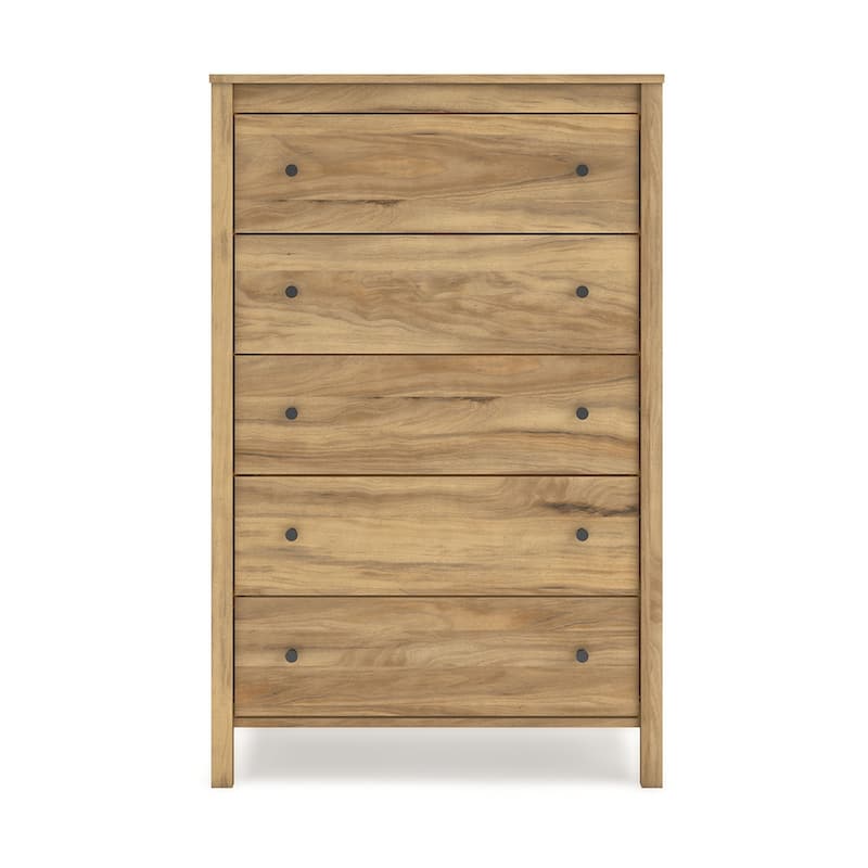 Maci Tall Dresser Chest, 5 Drawers, Natural Brown Wood Finish, 50 Inch