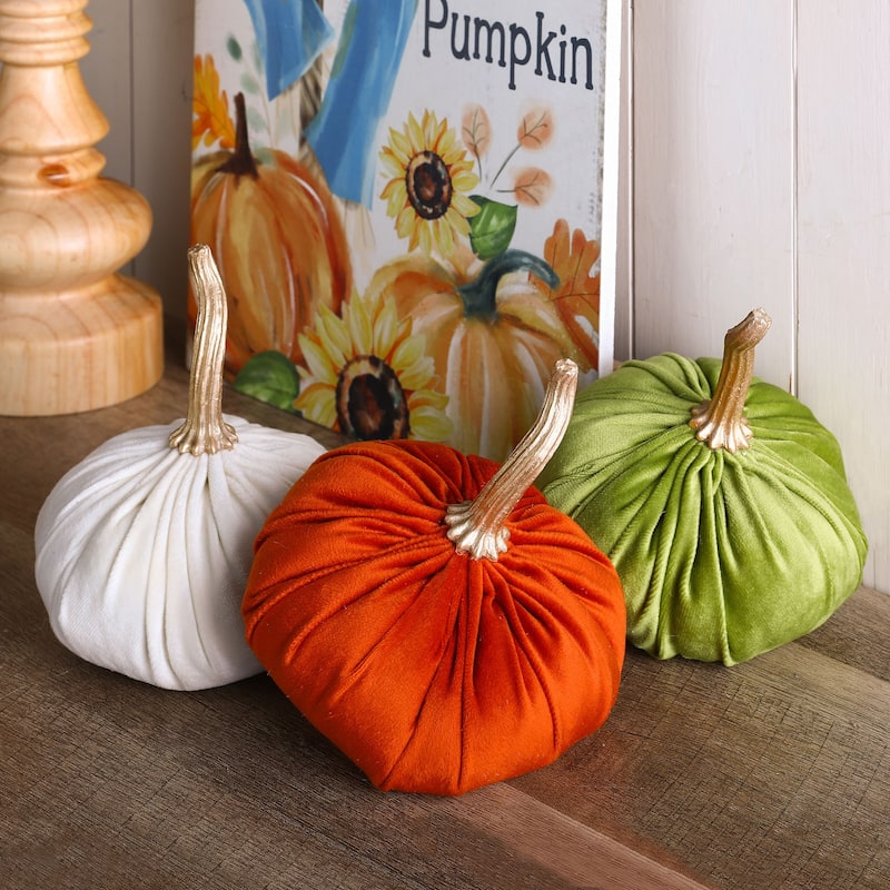 Glitzhome Set of 3 Orange White Green Fall Harvest Velvet Pumpkins Thanksgiving Centerpiece