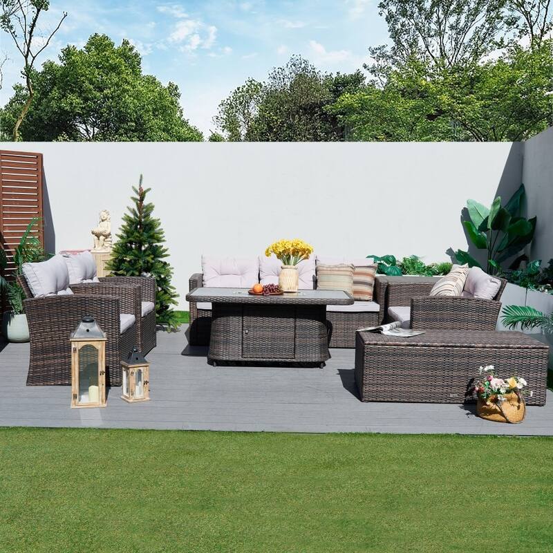 7-piece Outdoor Aluminum Handwoven Rattan Conversation Sofa Set with Adjustable Fire Pit