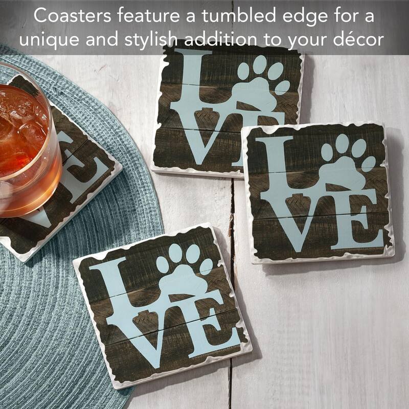 Love Pets 4 Pack Absorbent Stone Coasters with Protective Cork Backing 4" Square Made in The USA Artistic Easily Wipes Clean
