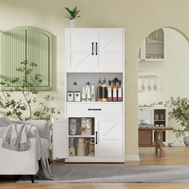 71" White Steel Kitchen Pantry with Large Countertop, Adjustable Shelves, Drawers & Hooks