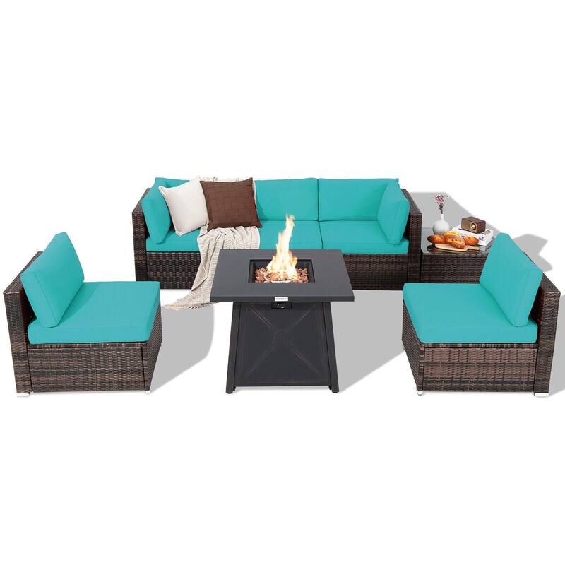 Gymax 7PCS Rattan Patio Sectional Furniture Set w/ 30'' Fire Pit Table