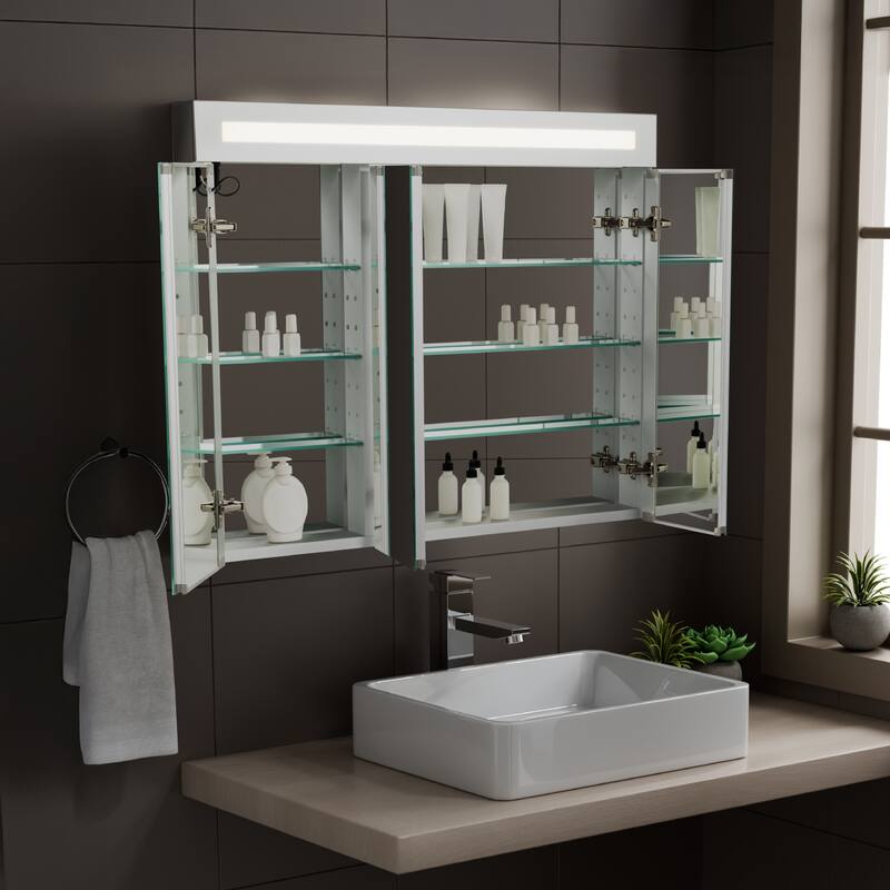 Bathroom Medicine Cabinet, Aluminum, Recessed/Surface Mount, Mirrored Interior w/LED