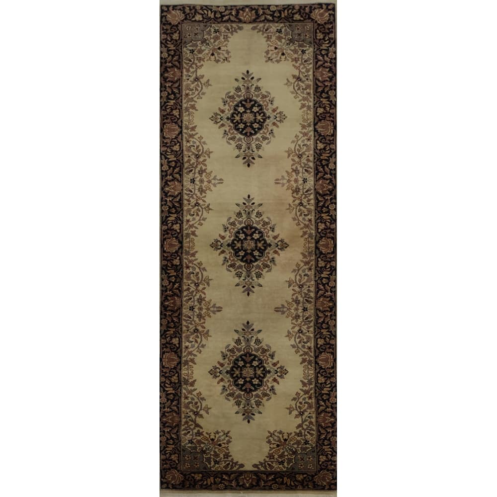 Hand Knotted Oriental 100% Wool Carpet Traditional Floral Beige & Ivories Peshawar Runner Rug - 8' 0'' X 2' 7''